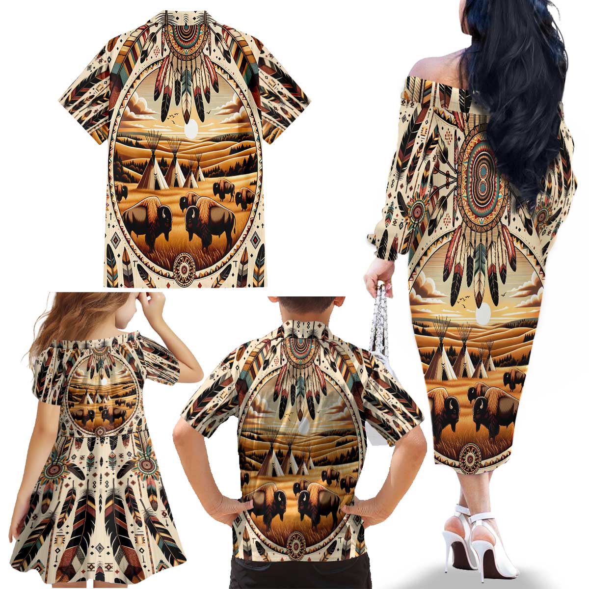 Native American Life Family Matching Off The Shoulder Long Sleeve Dress and Hawaiian Shirt Teepee Village With Buffalo Bison - Wonder Print Shop