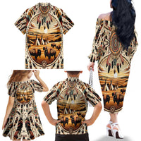 Native American Life Family Matching Off The Shoulder Long Sleeve Dress and Hawaiian Shirt Teepee Village With Buffalo Bison - Wonder Print Shop