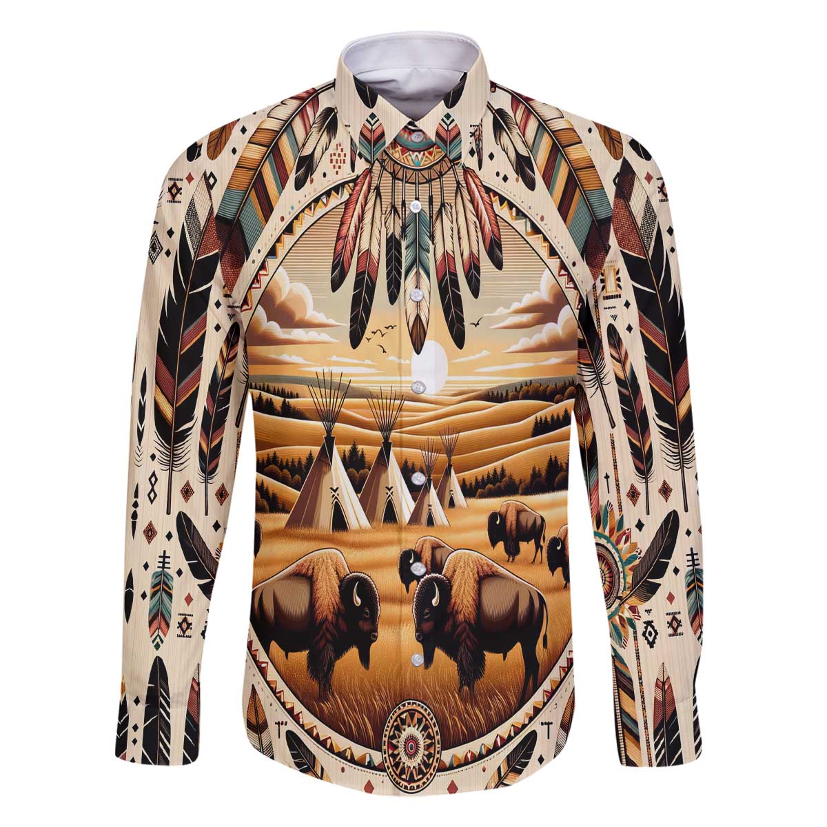 Native American Life Family Matching Off The Shoulder Long Sleeve Dress and Hawaiian Shirt Teepee Village With Buffalo Bison - Wonder Print Shop