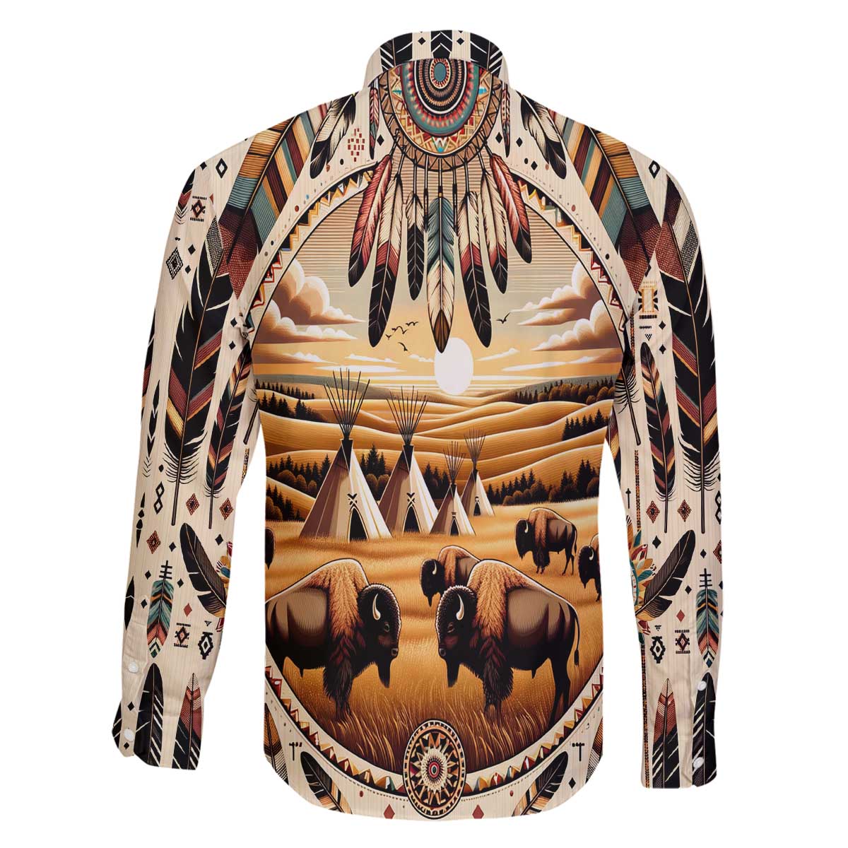 Native American Life Family Matching Off The Shoulder Long Sleeve Dress and Hawaiian Shirt Teepee Village With Buffalo Bison - Wonder Print Shop