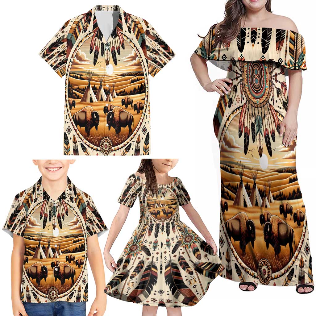 Native American Life Family Matching Off Shoulder Maxi Dress and Hawaiian Shirt Teepee Village With Buffalo Bison - Wonder Print Shop