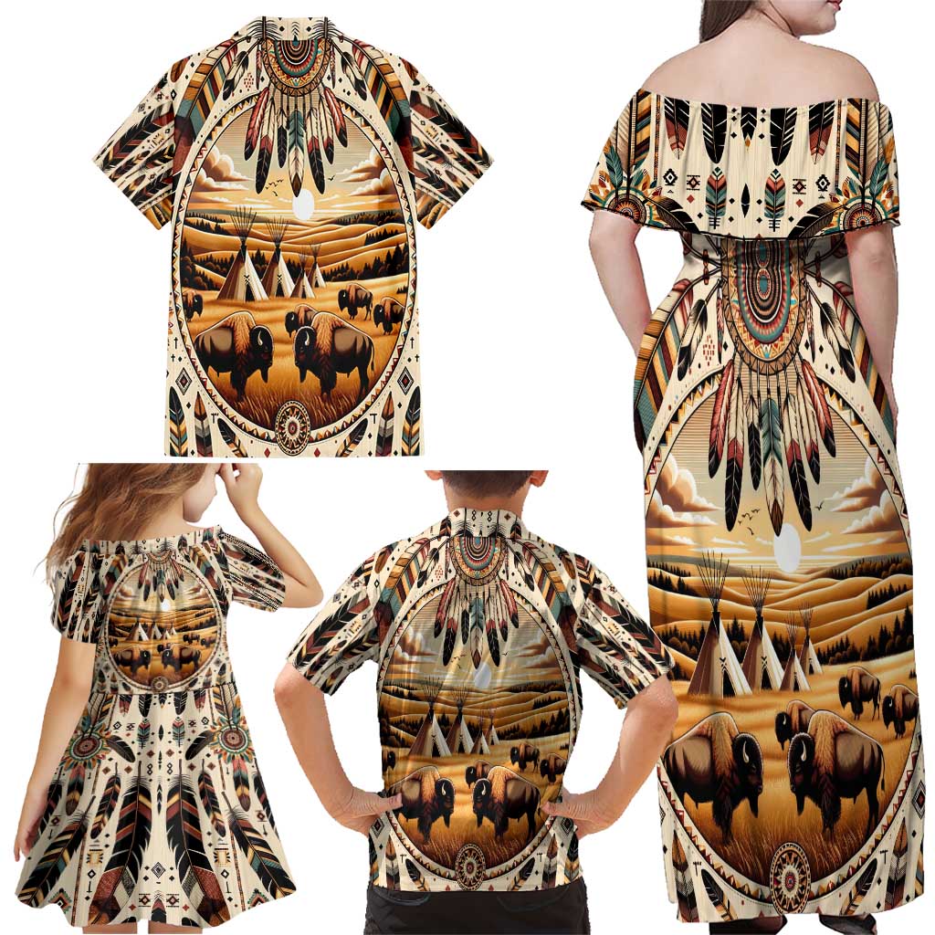 Native American Life Family Matching Off Shoulder Maxi Dress and Hawaiian Shirt Teepee Village With Buffalo Bison - Wonder Print Shop