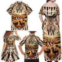Native American Life Family Matching Off Shoulder Maxi Dress and Hawaiian Shirt Teepee Village With Buffalo Bison - Wonder Print Shop
