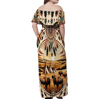 Native American Life Family Matching Off Shoulder Maxi Dress and Hawaiian Shirt Teepee Village With Buffalo Bison - Wonder Print Shop