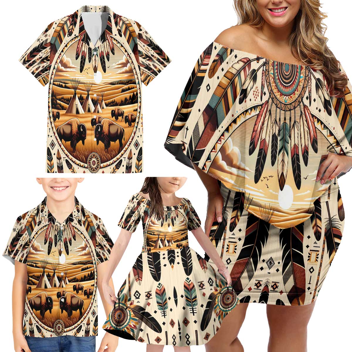 Native American Life Family Matching Off Shoulder Short Dress and Hawaiian Shirt Teepee Village With Buffalo Bison - Wonder Print Shop