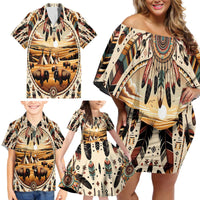 Native American Life Family Matching Off Shoulder Short Dress and Hawaiian Shirt Teepee Village With Buffalo Bison - Wonder Print Shop
