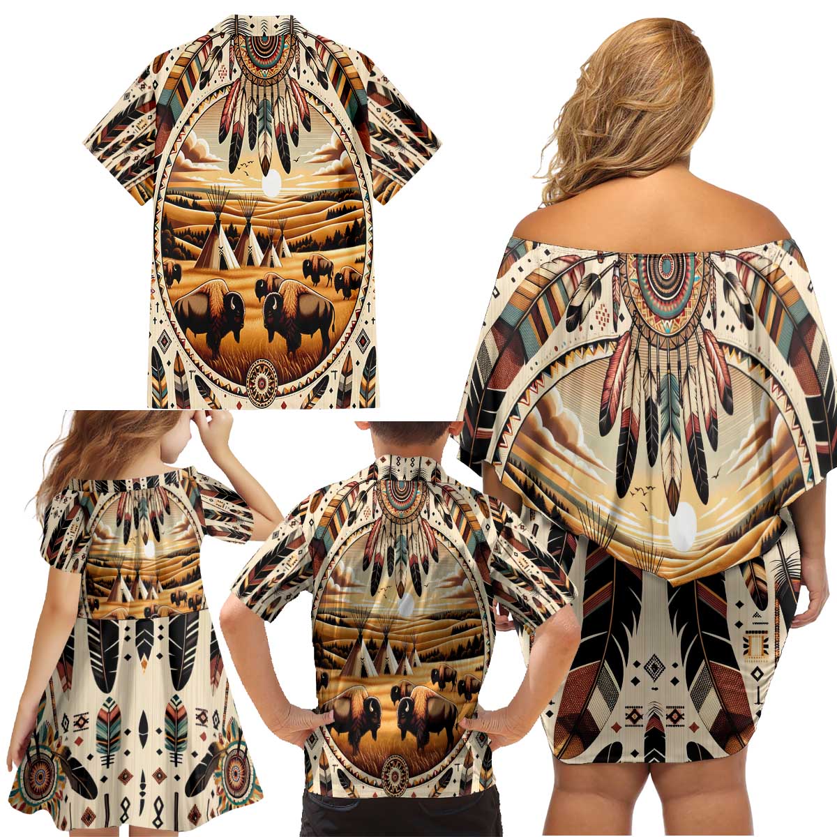 Native American Life Family Matching Off Shoulder Short Dress and Hawaiian Shirt Teepee Village With Buffalo Bison - Wonder Print Shop