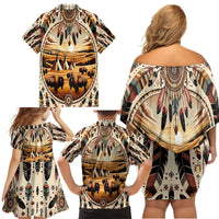Native American Life Family Matching Off Shoulder Short Dress and Hawaiian Shirt Teepee Village With Buffalo Bison - Wonder Print Shop