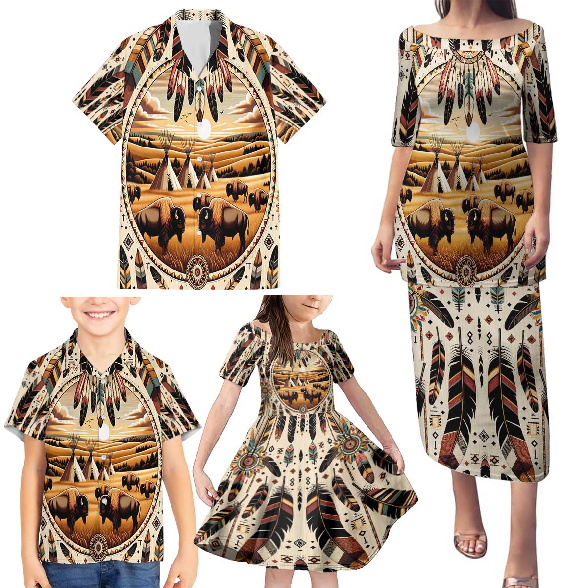 Native American Life Family Matching Puletasi and Hawaiian Shirt Teepee Village With Buffalo Bison - Wonder Print Shop