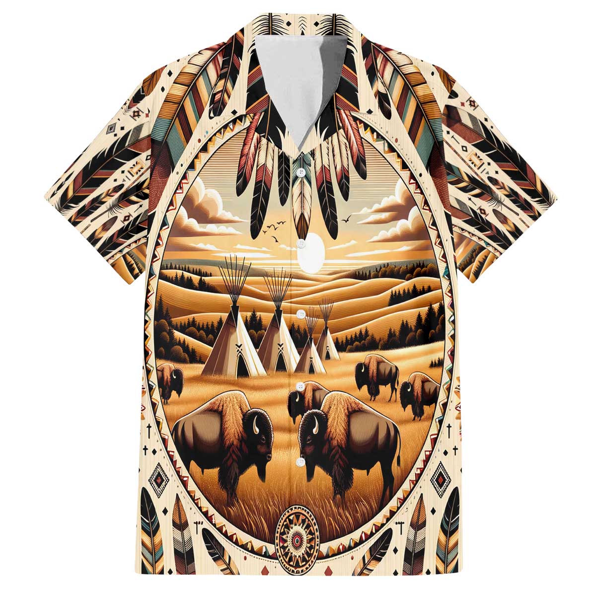 Native American Life Family Matching Puletasi and Hawaiian Shirt Teepee Village With Buffalo Bison - Wonder Print Shop