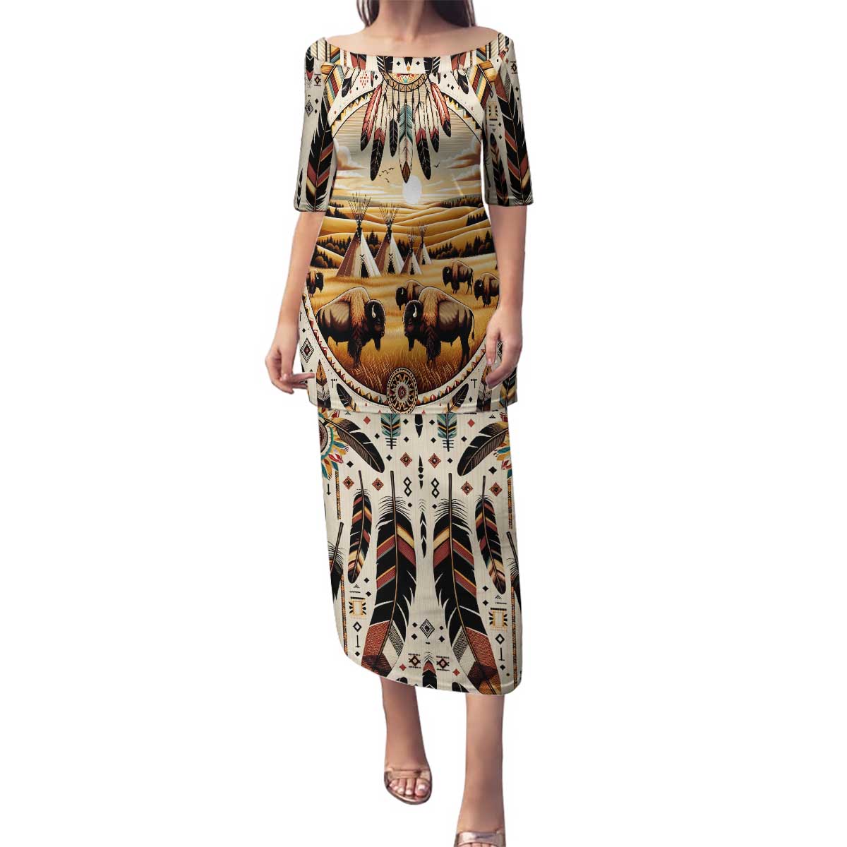 Native American Life Family Matching Puletasi and Hawaiian Shirt Teepee Village With Buffalo Bison - Wonder Print Shop