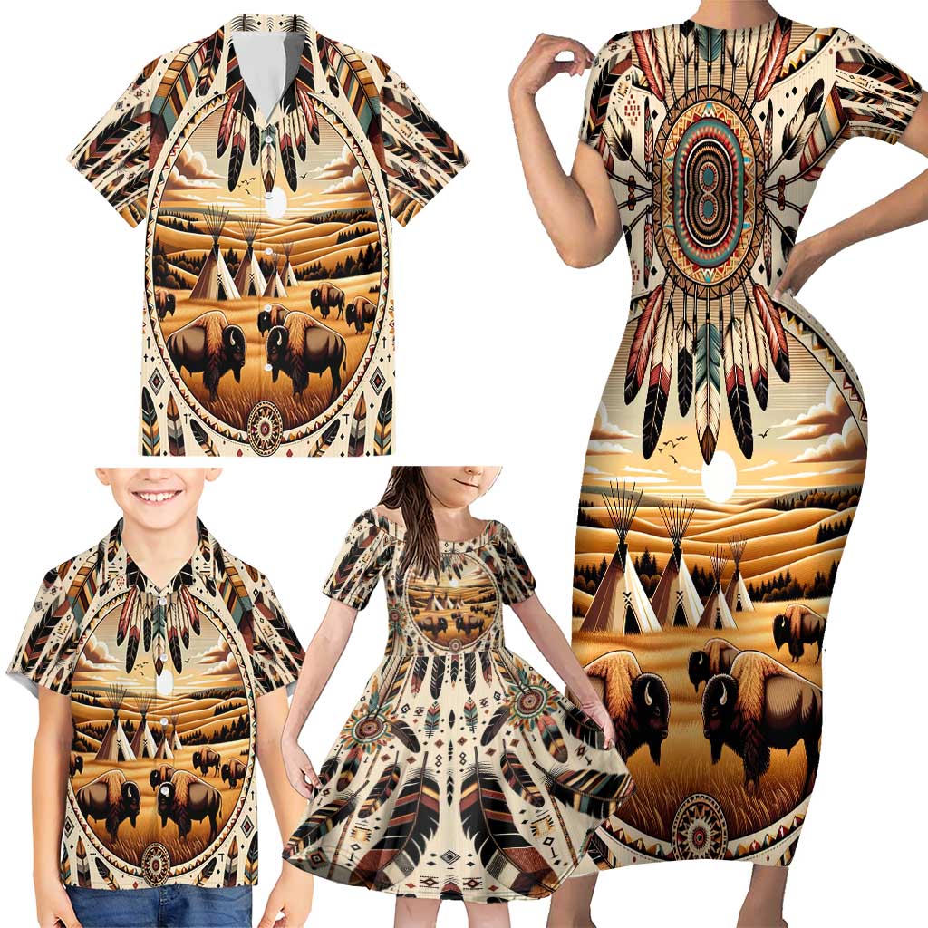 Native American Life Family Matching Short Sleeve Bodycon Dress and Hawaiian Shirt Teepee Village With Buffalo Bison - Wonder Print Shop