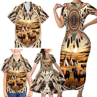 Native American Life Family Matching Short Sleeve Bodycon Dress and Hawaiian Shirt Teepee Village With Buffalo Bison - Wonder Print Shop