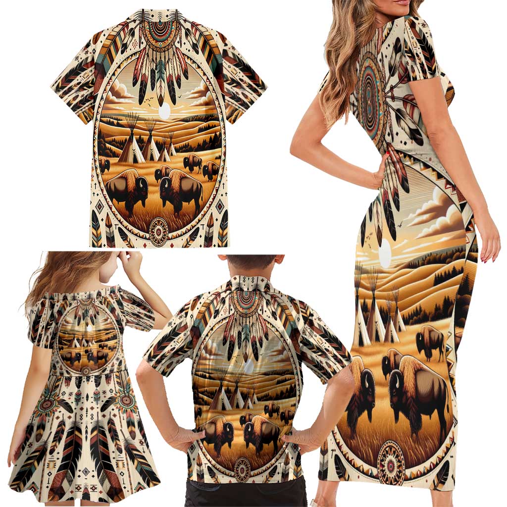 Native American Life Family Matching Short Sleeve Bodycon Dress and Hawaiian Shirt Teepee Village With Buffalo Bison - Wonder Print Shop
