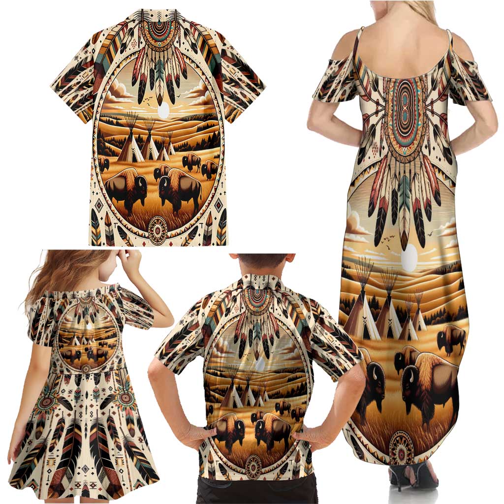 Native American Life Family Matching Summer Maxi Dress and Hawaiian Shirt Teepee Village With Buffalo Bison - Wonder Print Shop