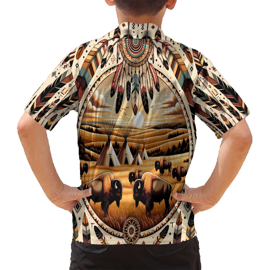 Native American Life Family Matching Tank Maxi Dress and Hawaiian Shirt Teepee Village With Buffalo Bison - Wonder Print Shop