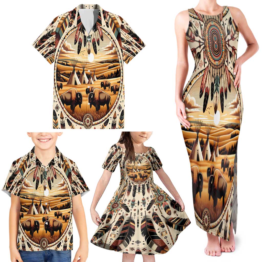 Native American Life Family Matching Tank Maxi Dress and Hawaiian Shirt Teepee Village With Buffalo Bison - Wonder Print Shop