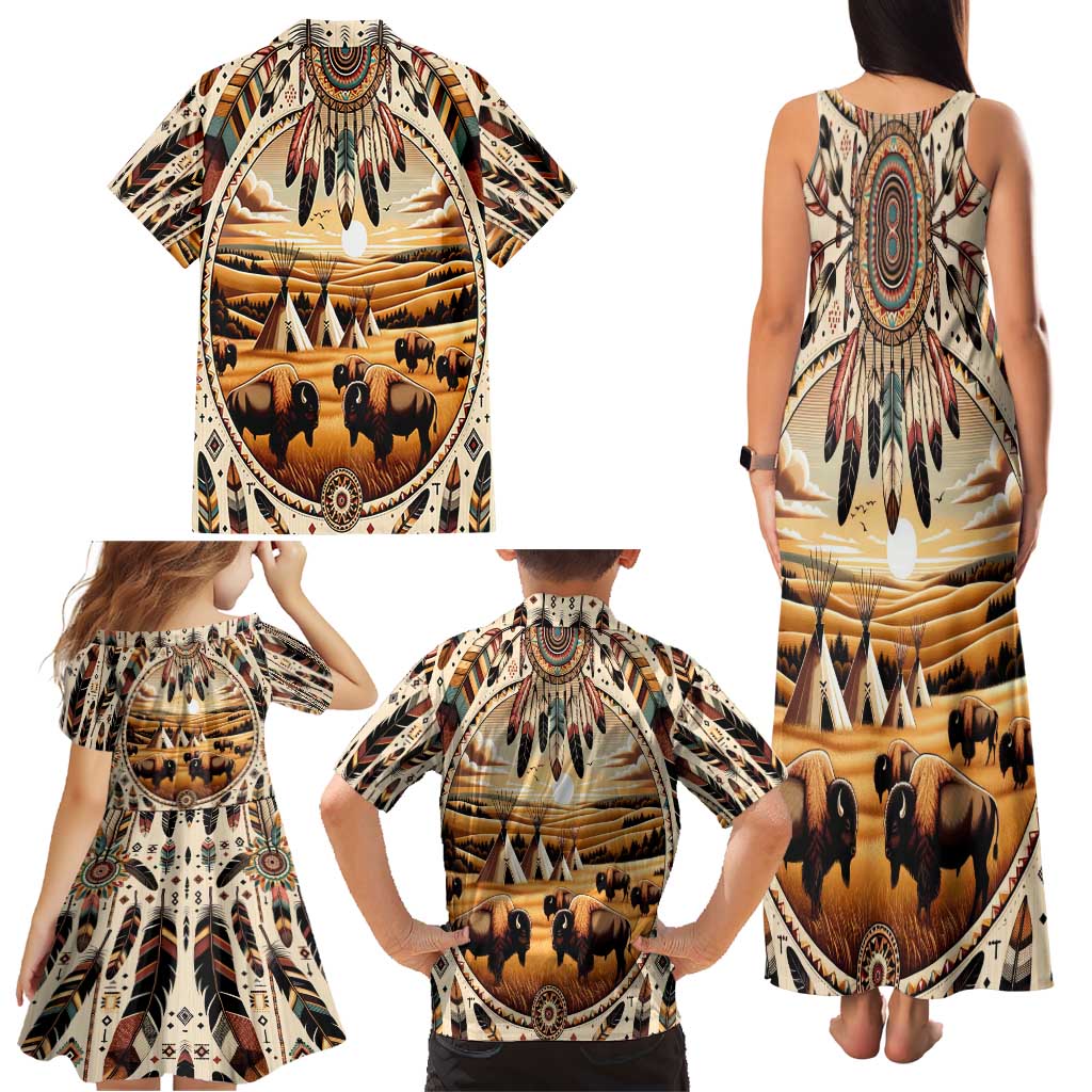 Native American Life Family Matching Tank Maxi Dress and Hawaiian Shirt Teepee Village With Buffalo Bison - Wonder Print Shop