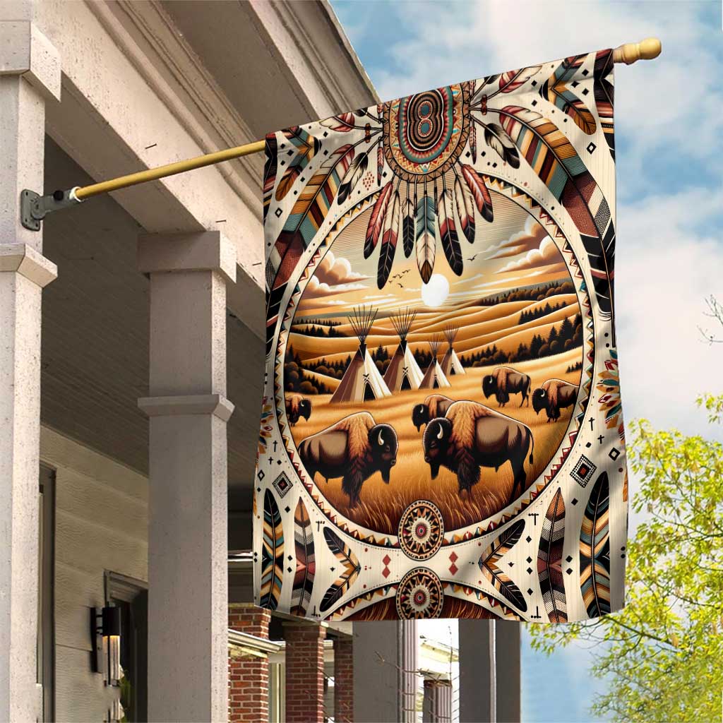 Native American Life Garden Flag Teepee Village With Buffalo Bison - Wonder Print Shop