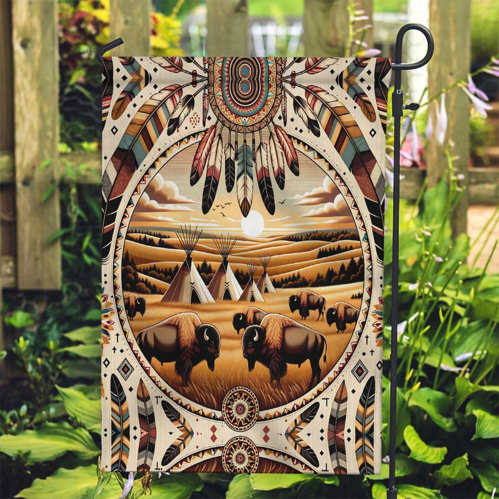 Native American Life Garden Flag Teepee Village With Buffalo Bison - Wonder Print Shop