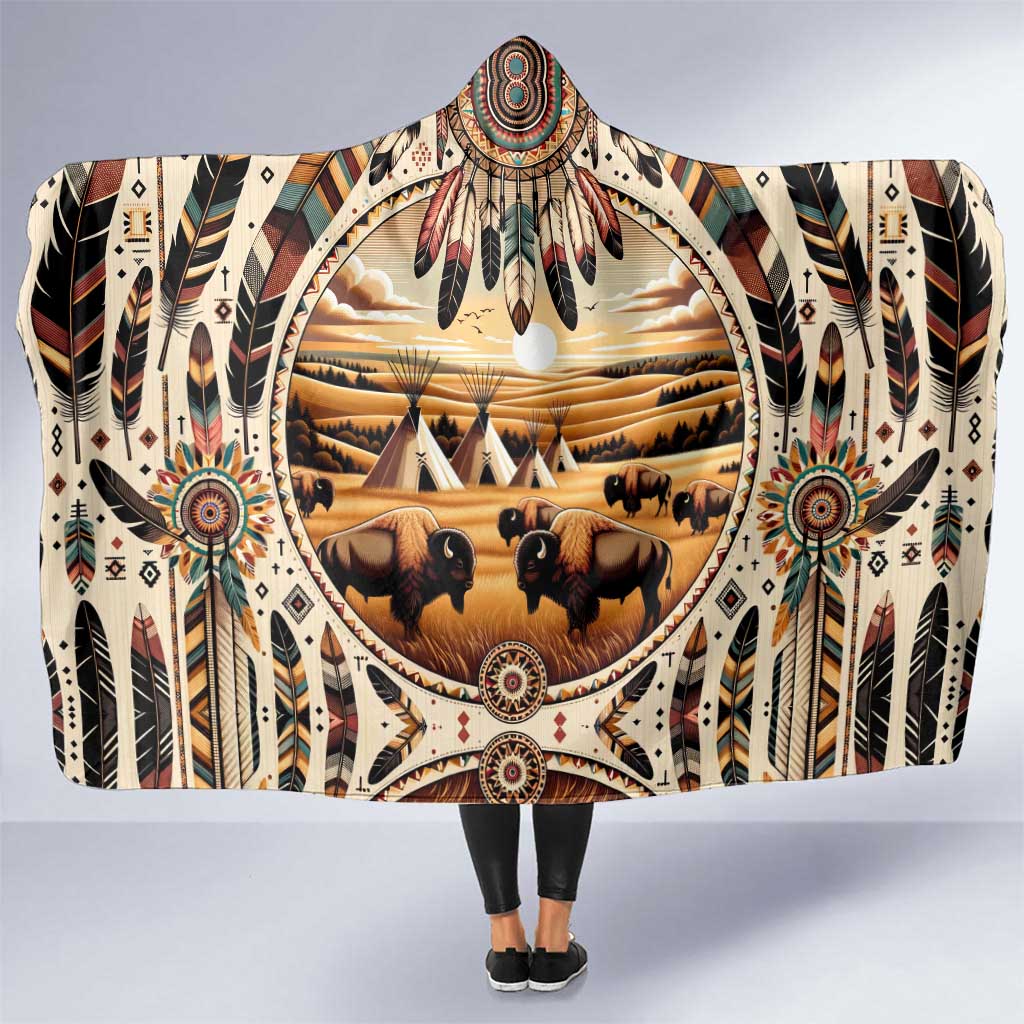 Native American Life Hooded Blanket Teepee Village With Buffalo Bison