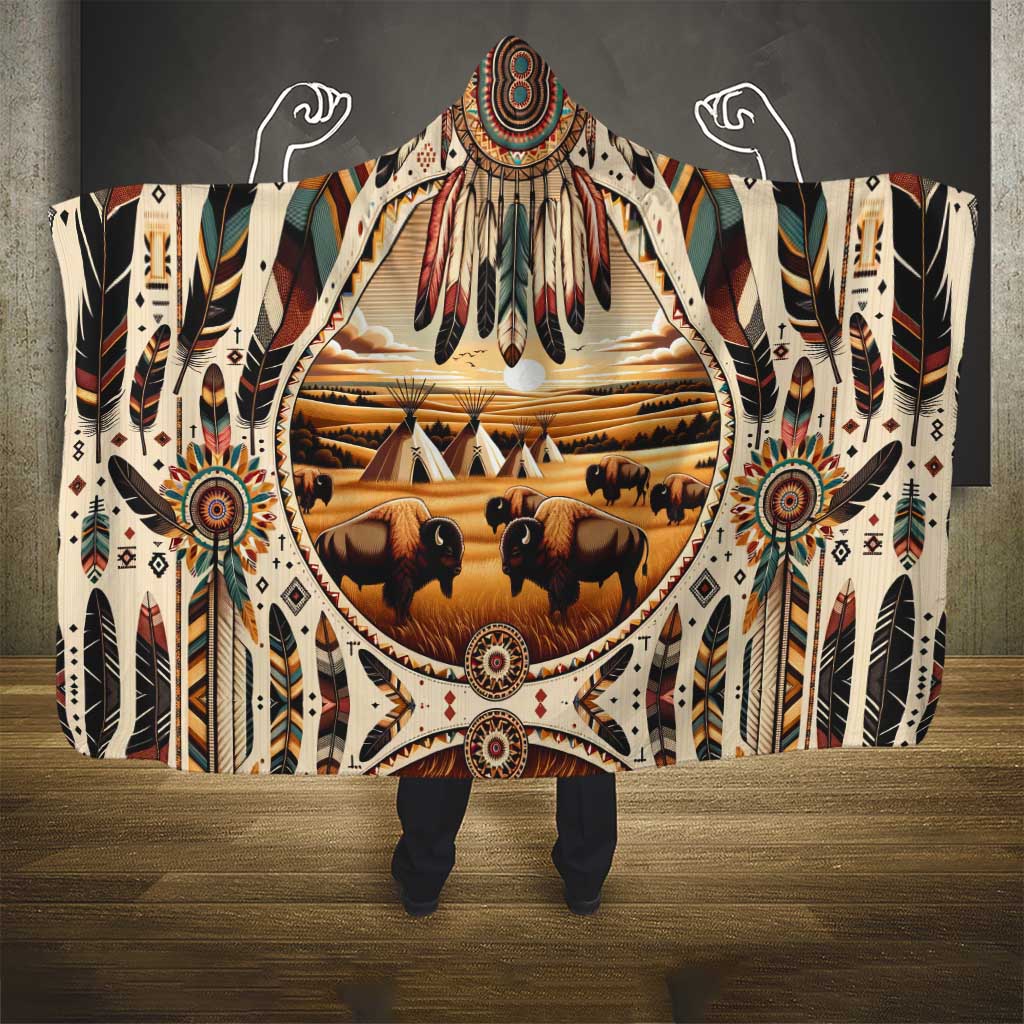 Native American Life Hooded Blanket Teepee Village With Buffalo Bison