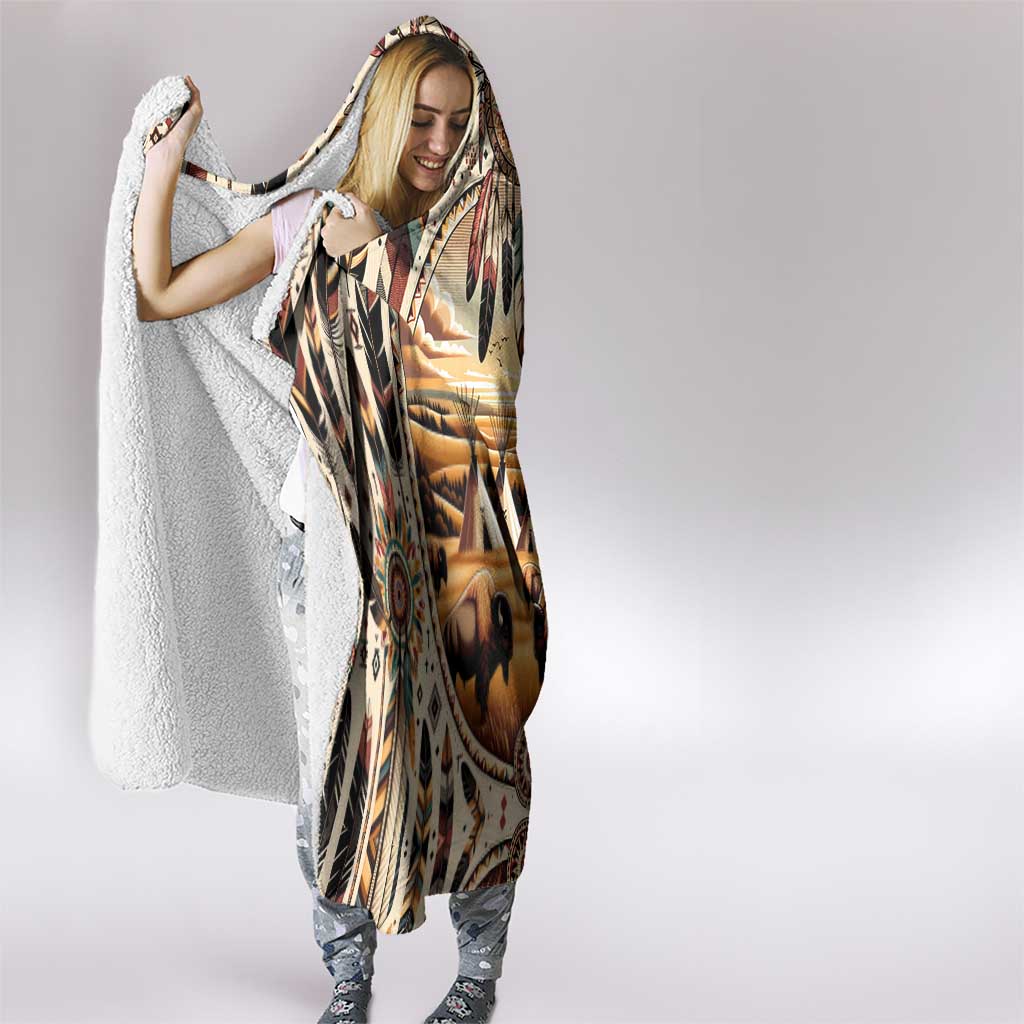 Native American Life Hooded Blanket Teepee Village With Buffalo Bison