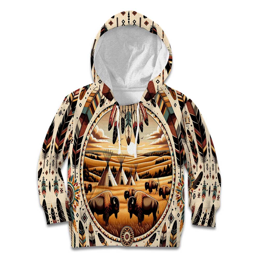 Native American Life Kid Hoodie Teepee Village With Buffalo Bison - Wonder Print Shop