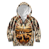 Native American Life Kid Hoodie Teepee Village With Buffalo Bison - Wonder Print Shop