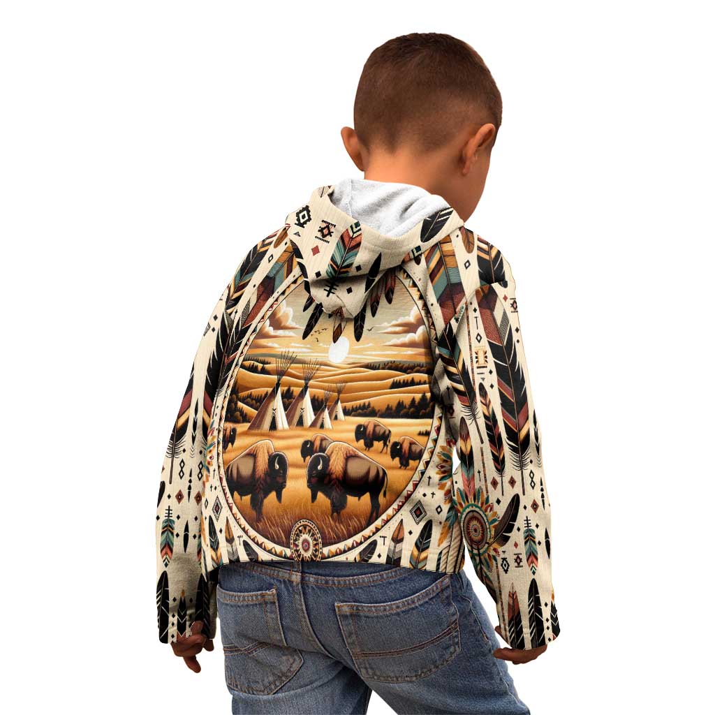 Native American Life Kid Hoodie Teepee Village With Buffalo Bison - Wonder Print Shop