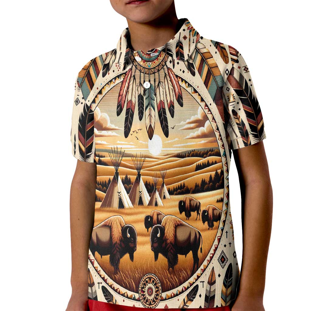 Native American Life Kid Polo Shirt Teepee Village With Buffalo Bison - Wonder Print Shop