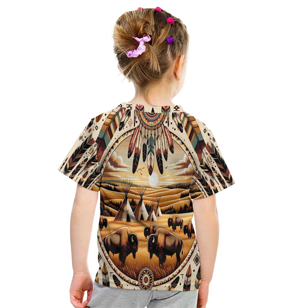 Native American Life Kid T Shirt Teepee Village With Buffalo Bison - Wonder Print Shop