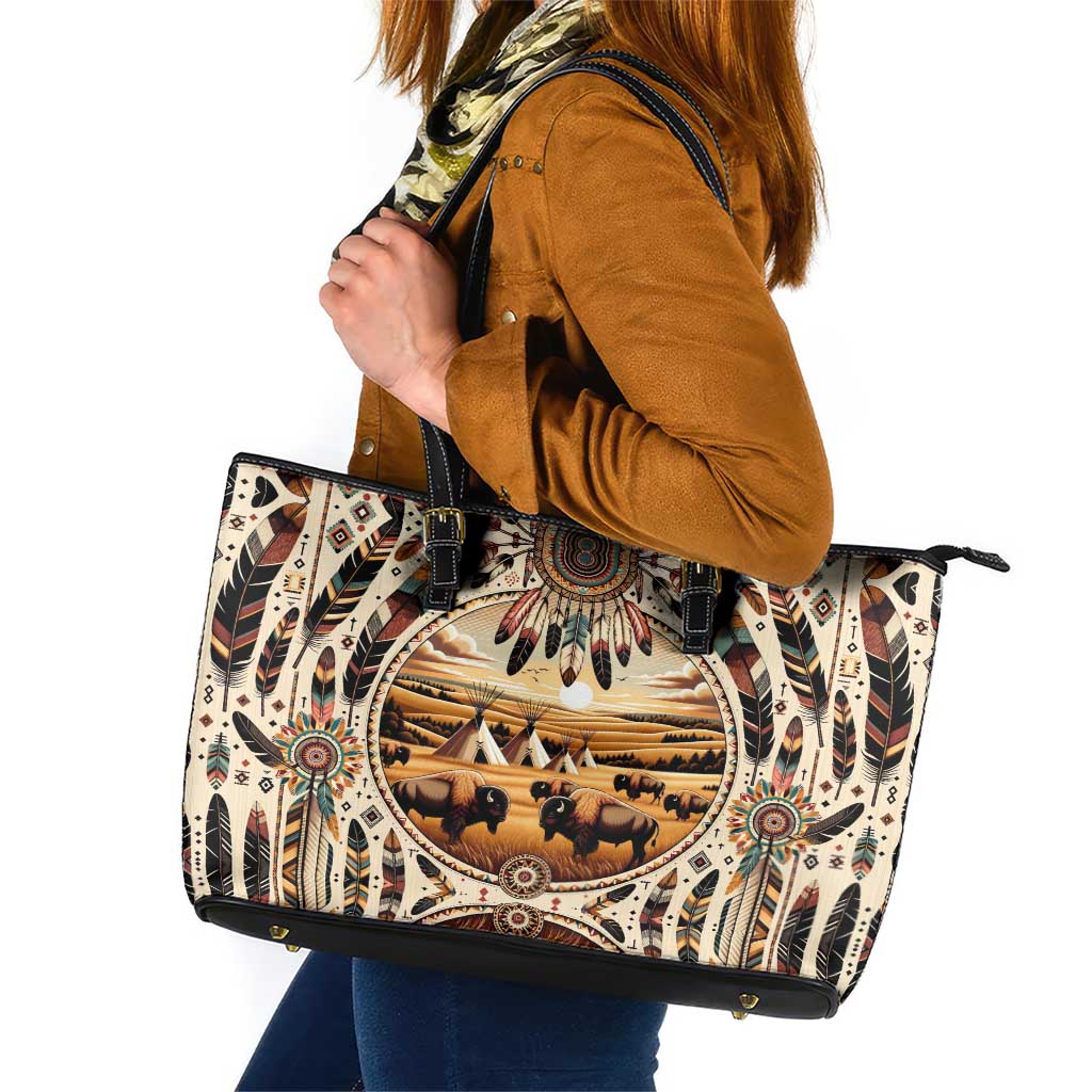 Native American Life Leather Tote Bag Teepee Village With Buffalo Bison - Wonder Print Shop