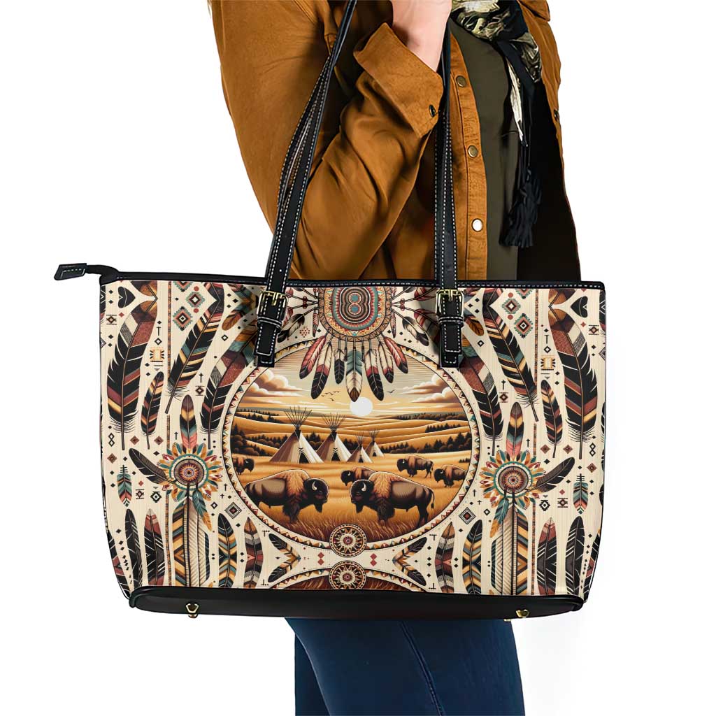 Native American Life Leather Tote Bag Teepee Village With Buffalo Bison - Wonder Print Shop