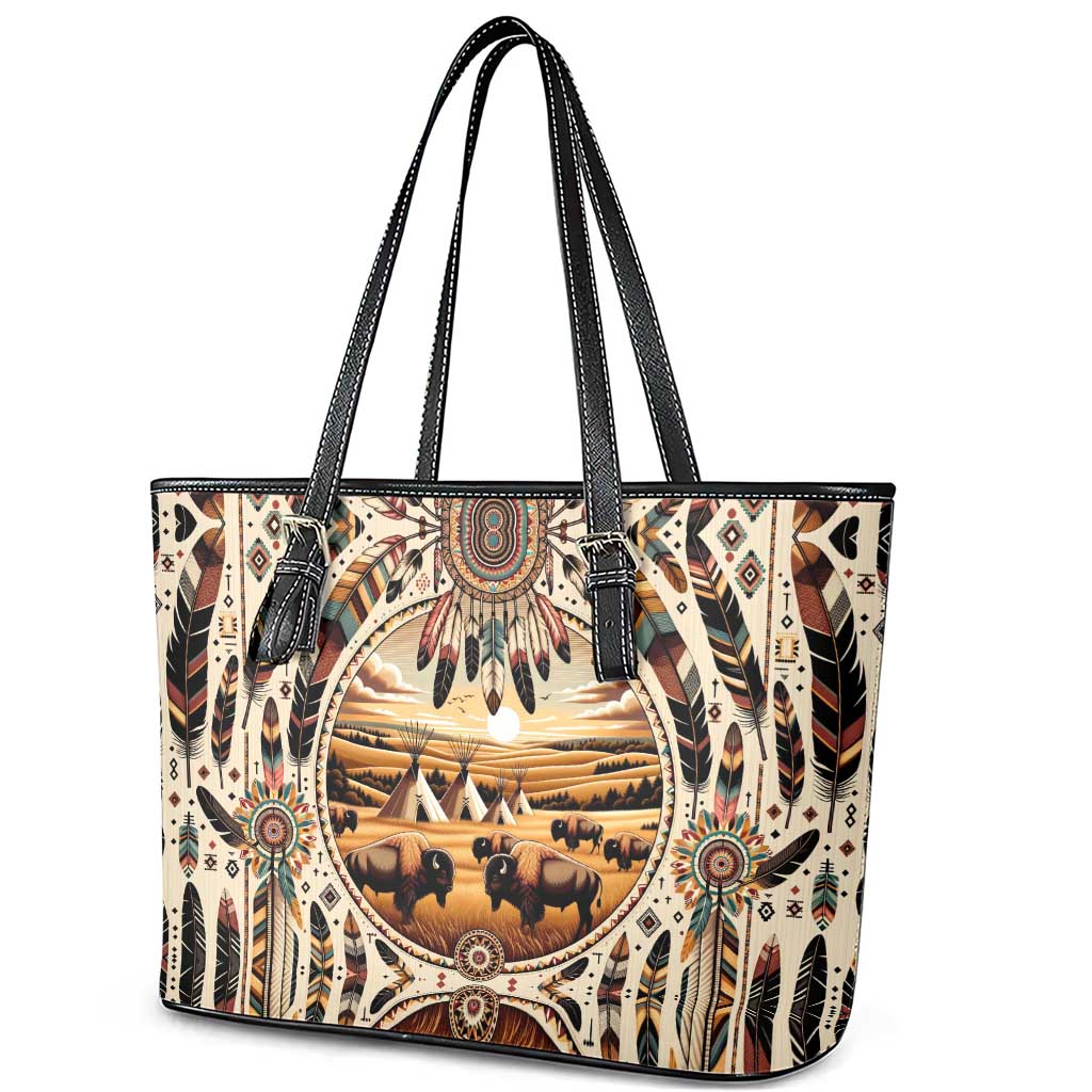 Native American Life Leather Tote Bag Teepee Village With Buffalo Bison - Wonder Print Shop