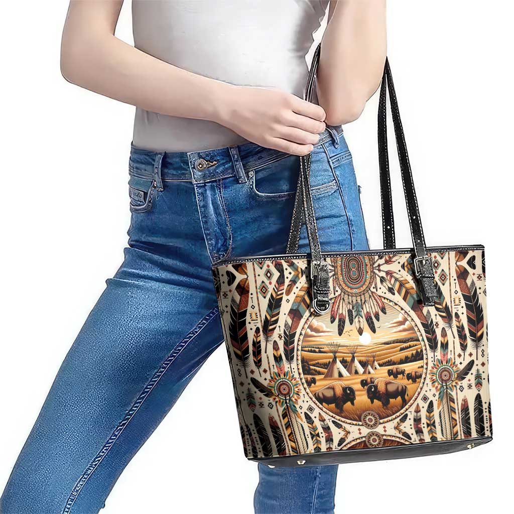 Native American Life Leather Tote Bag Teepee Village With Buffalo Bison - Wonder Print Shop