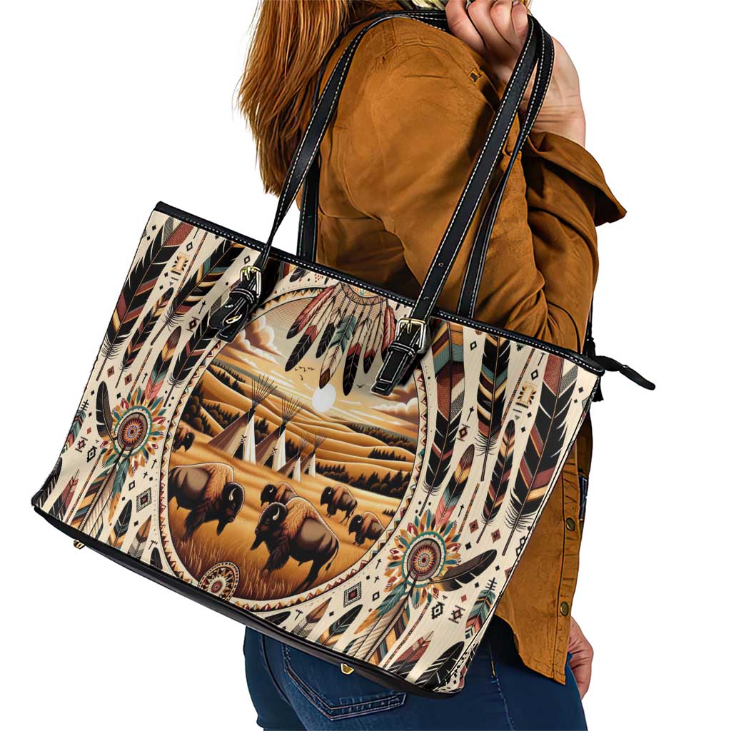 Native American Life Leather Tote Bag Teepee Village With Buffalo Bison - Wonder Print Shop