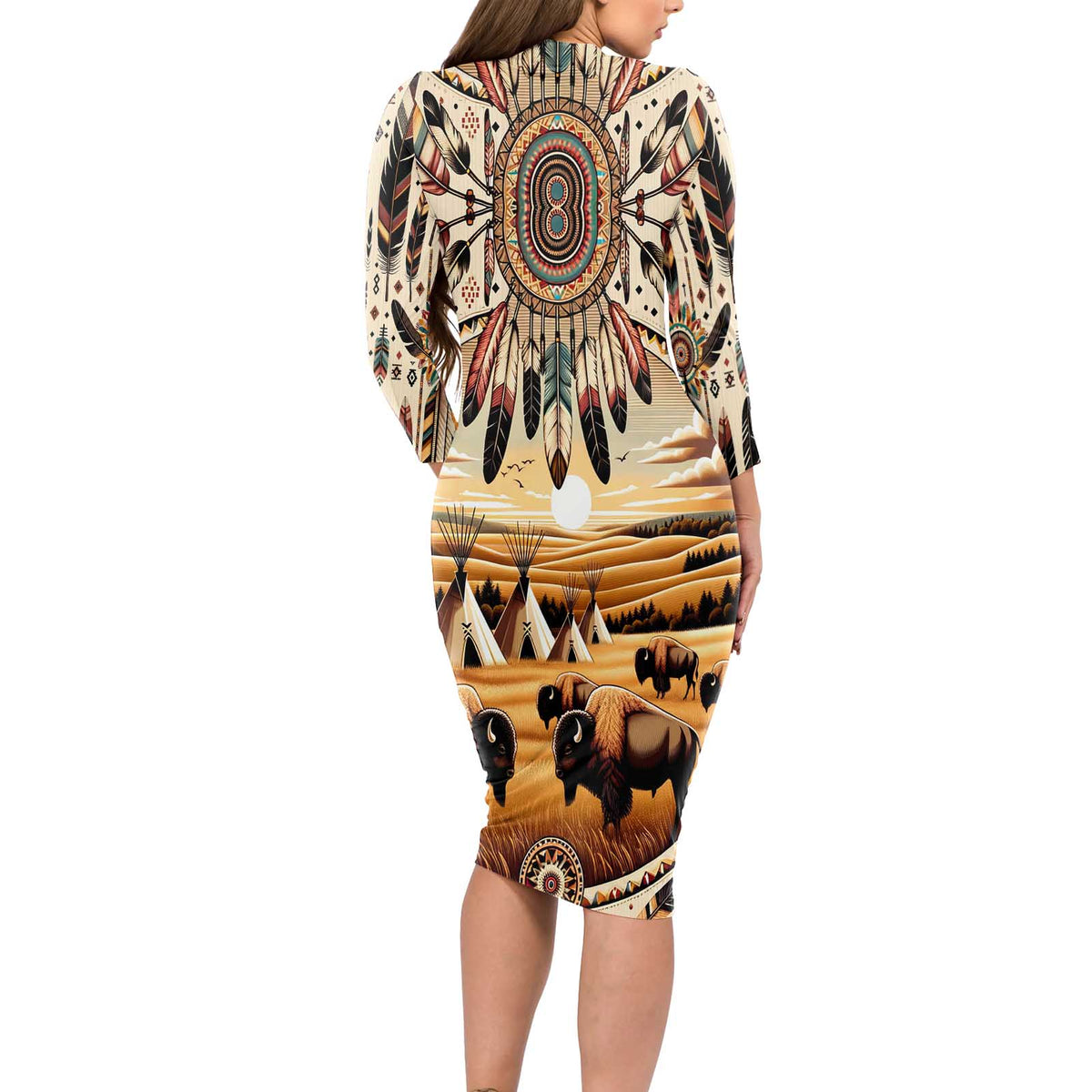 Native American Life Long Sleeve Bodycon Dress Teepee Village With Buffalo Bison - Wonder Print Shop