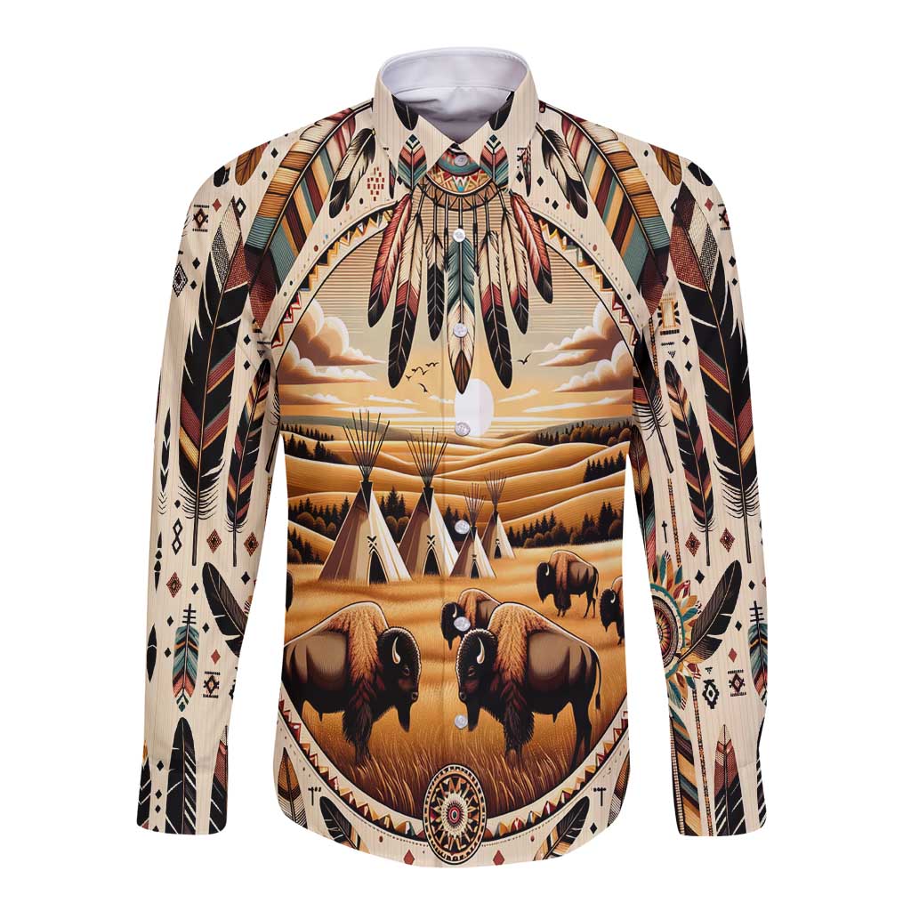 Native American Life Long Sleeve Button Shirt Teepee Village With Buffalo Bison - Wonder Print Shop