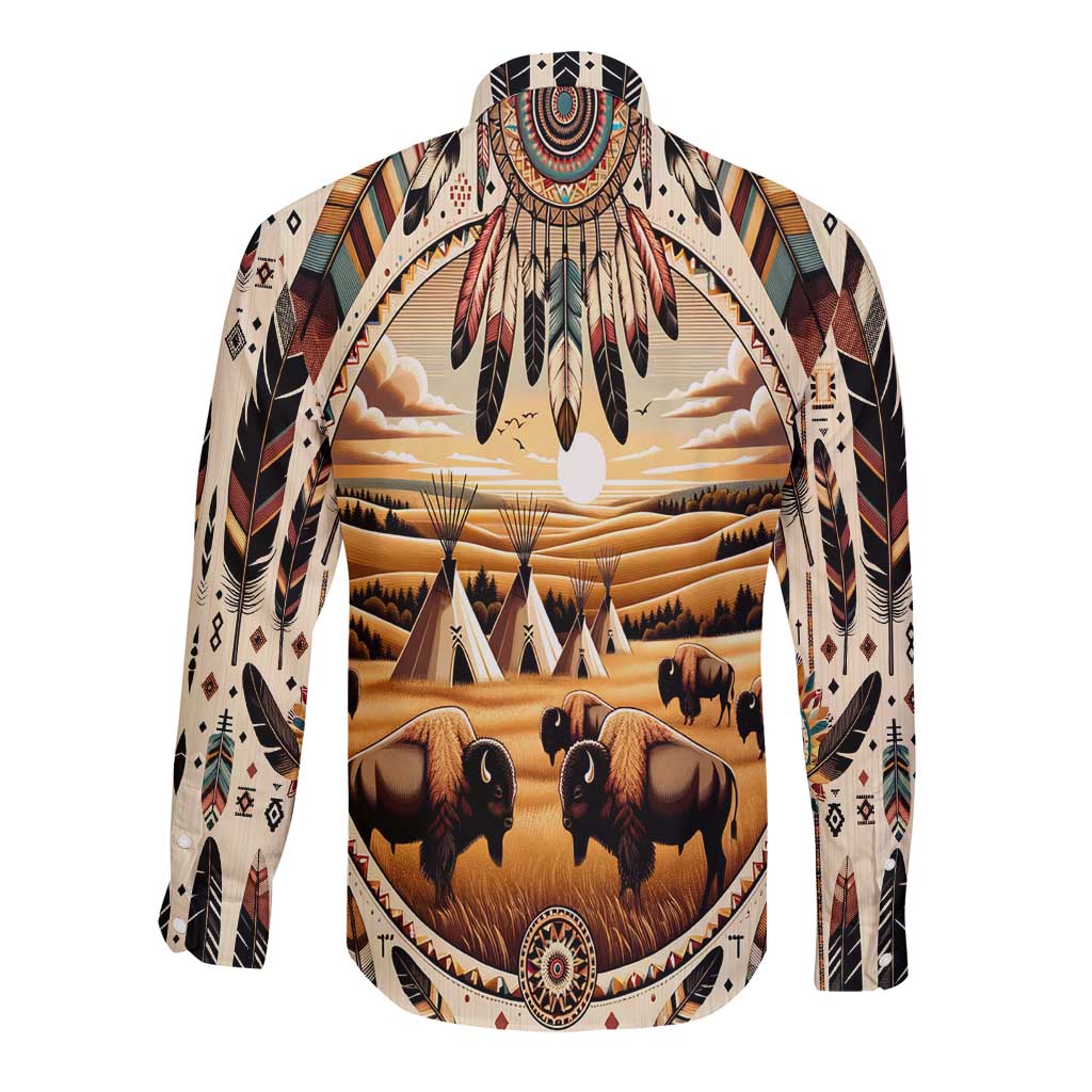 Native American Life Long Sleeve Button Shirt Teepee Village With Buffalo Bison - Wonder Print Shop