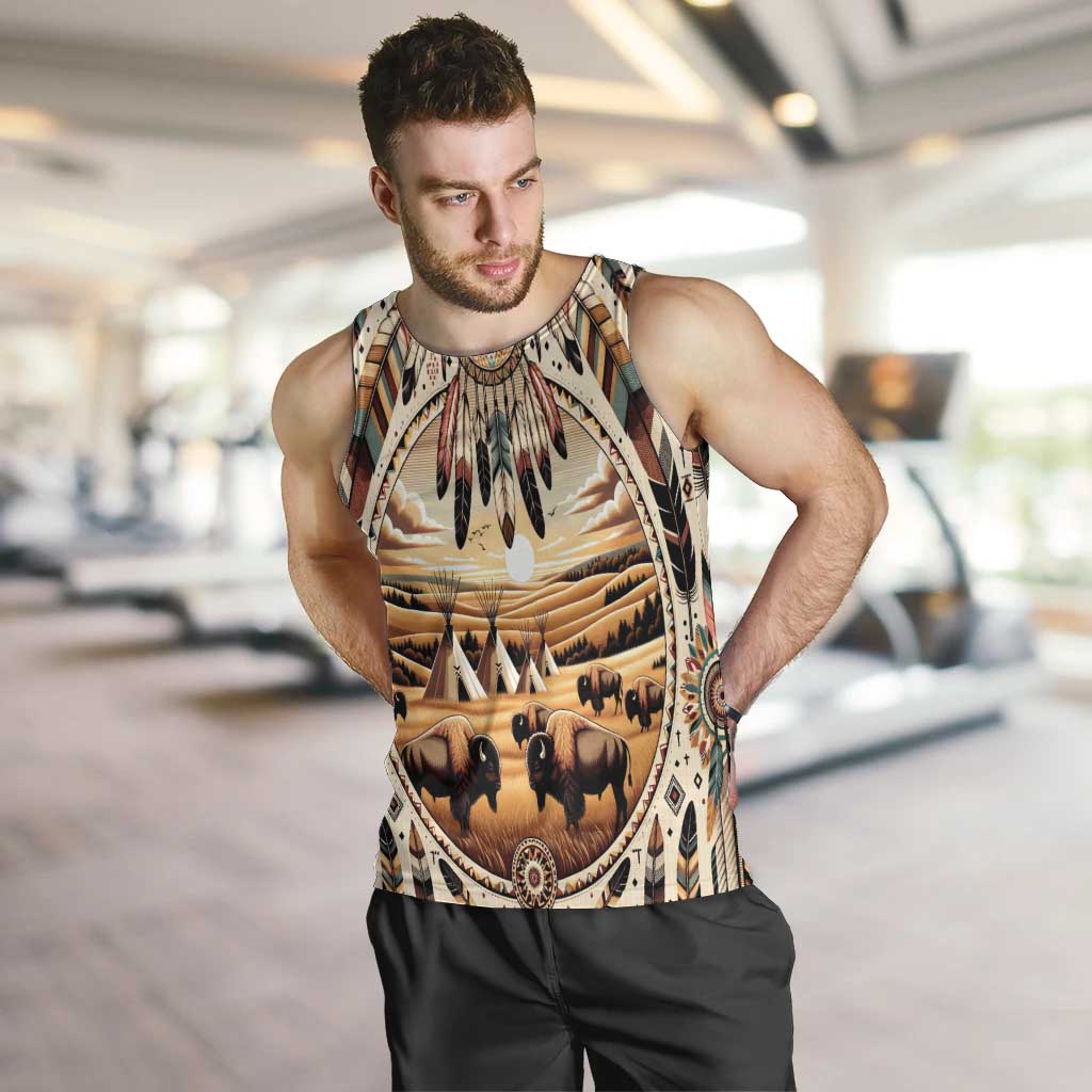 Native American Life Men Tank Top Teepee Village With Buffalo Bison - Wonder Print Shop