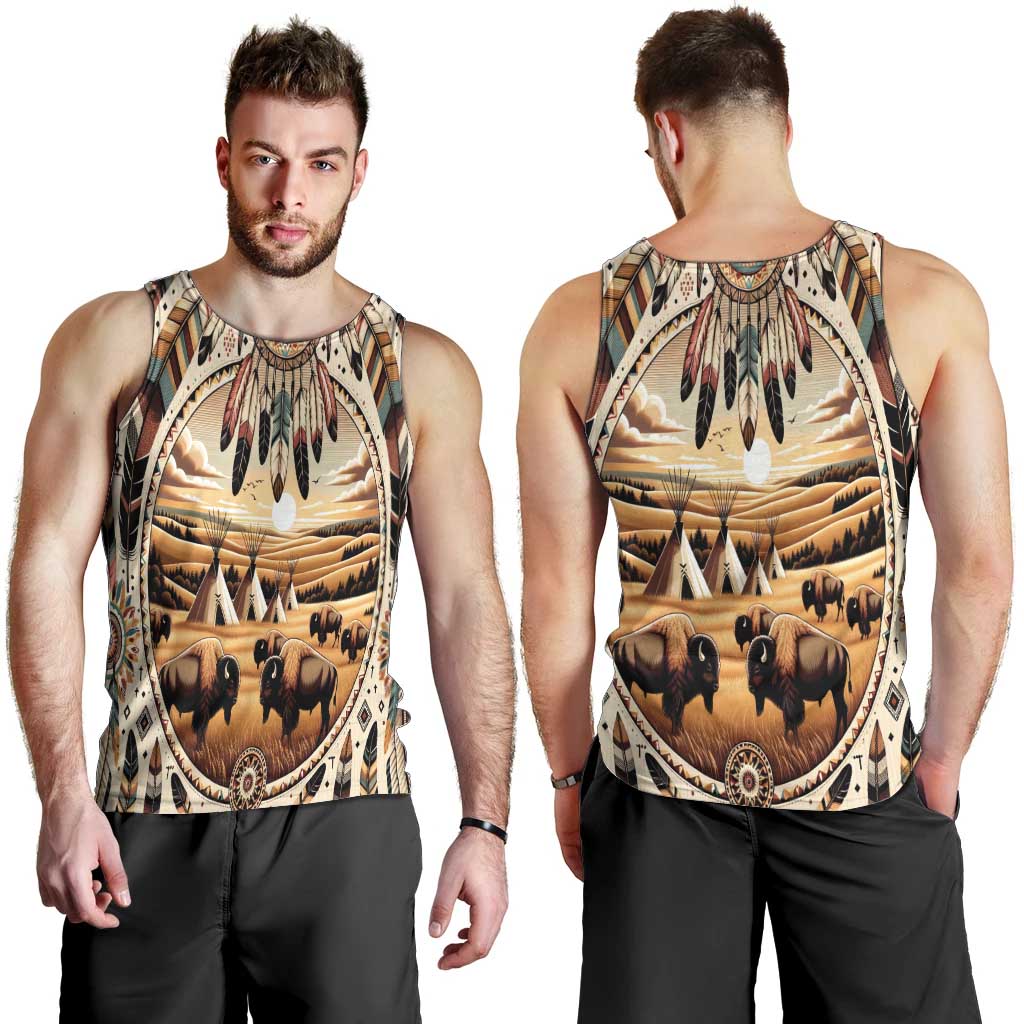 Native American Life Men Tank Top Teepee Village With Buffalo Bison - Wonder Print Shop