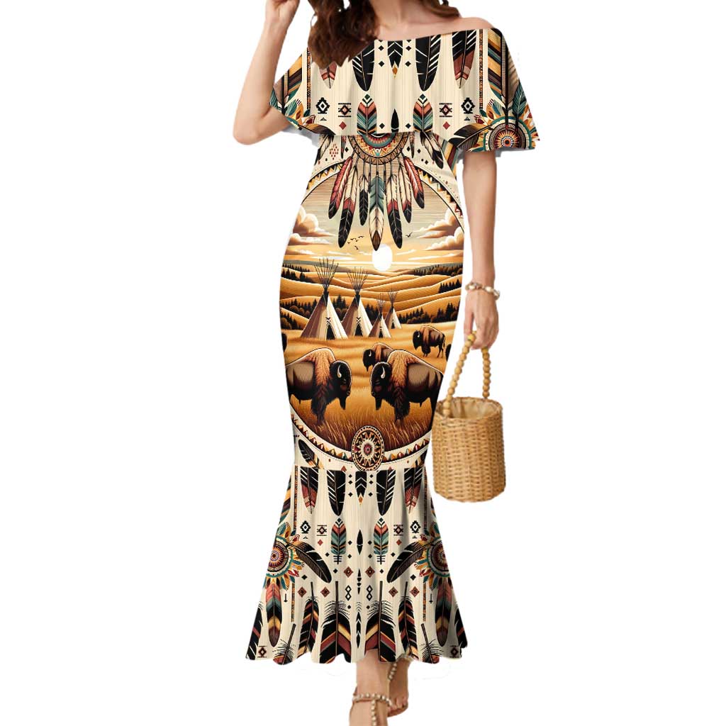 Native American Life Mermaid Dress Teepee Village With Buffalo Bison - Wonder Print Shop