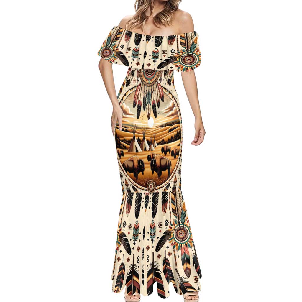 Native American Life Mermaid Dress Teepee Village With Buffalo Bison - Wonder Print Shop