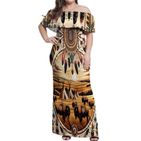 Native American Life Off Shoulder Maxi Dress Teepee Village With Buffalo Bison - Wonder Print Shop