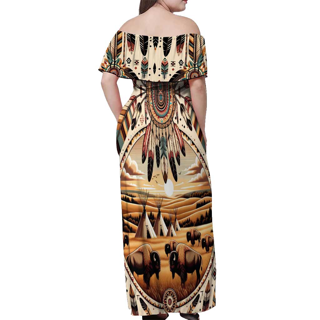 Native American Life Off Shoulder Maxi Dress Teepee Village With Buffalo Bison - Wonder Print Shop