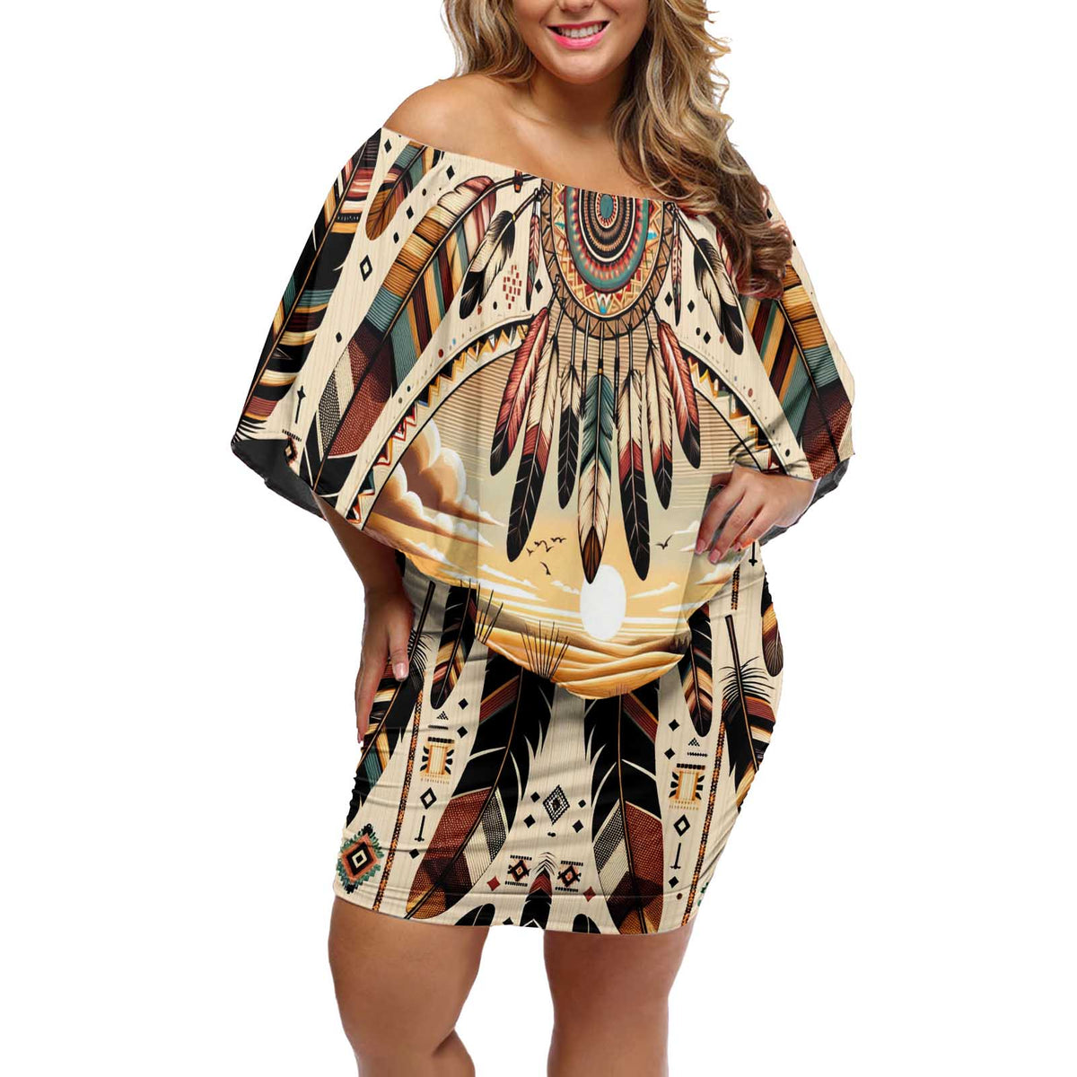Native American Life Off Shoulder Short Dress Teepee Village With Buffalo Bison - Wonder Print Shop