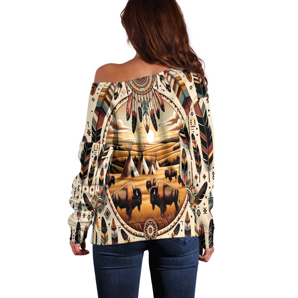 Native American Life Off Shoulder Sweater Teepee Village With Buffalo Bison - Wonder Print Shop