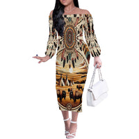 Native American Life Off The Shoulder Long Sleeve Dress Teepee Village With Buffalo Bison - Wonder Print Shop