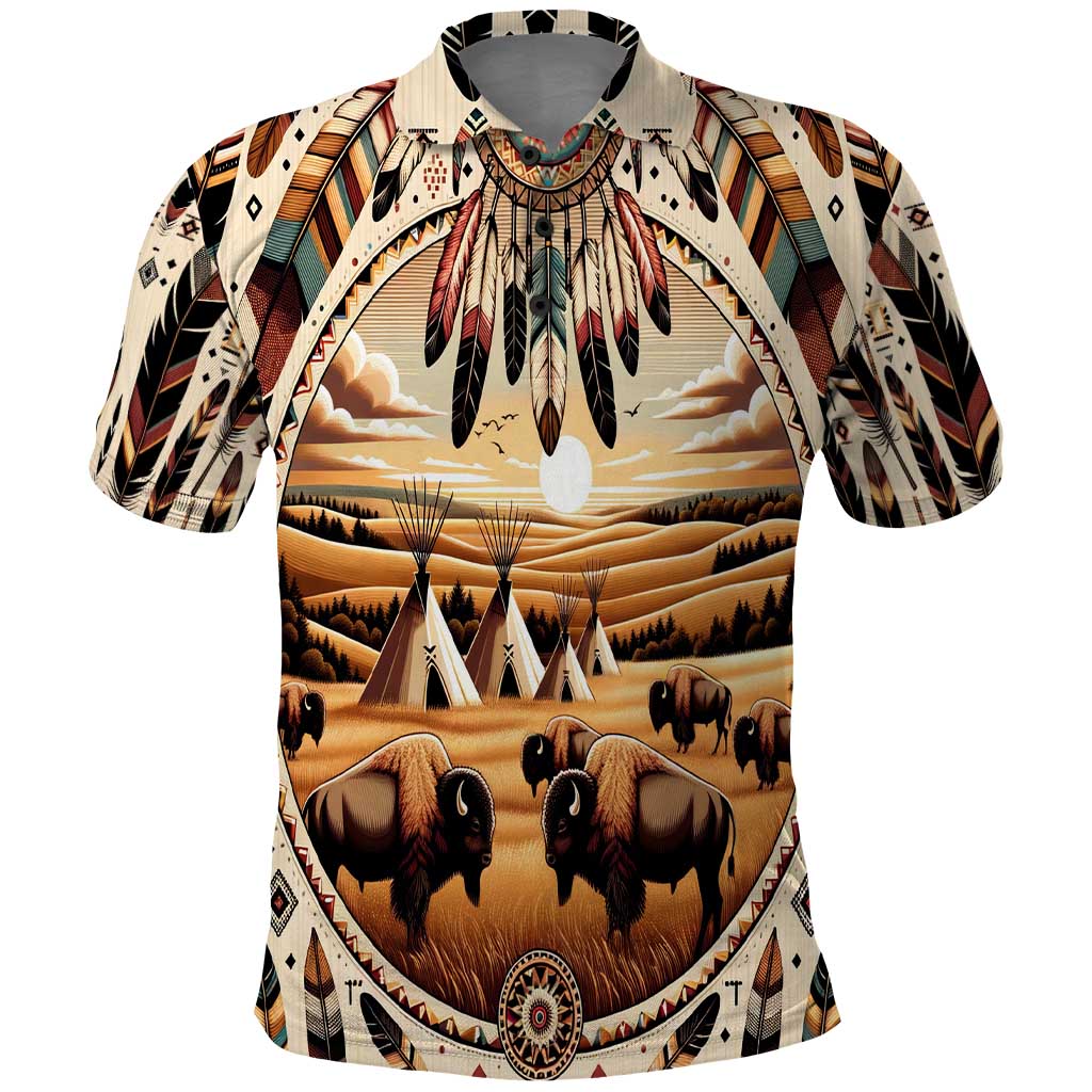 Native American Life Polo Shirt Teepee Village With Buffalo Bison - Wonder Print Shop